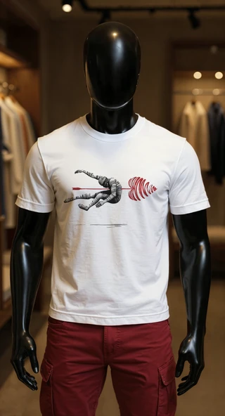 Erkek Beyaz Relaxed Fit %100 Pamuk Tişört – İnce Çizgisel & Kırmızı Spiral Baskılı ürün görseli 1