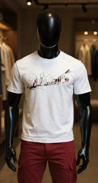 Erkek Beyaz Relaxed Fit %100 Pamuk Tişört – Minimal Park & Kubbe Çizim Baskılı ürün görseli 1