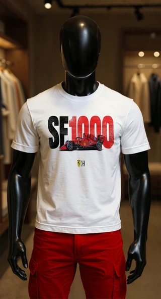 Erkek Beyaz Relaxed Fit %100 Pamuk Tişört – ''SF100'' F1 Arabası Baskılı ürün görseli 1