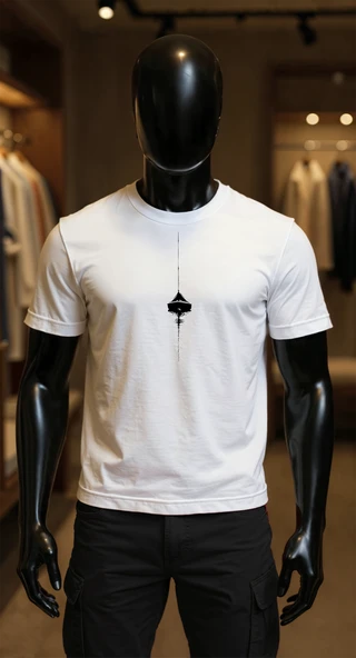 Erkek Beyaz Relaxed Fit %100 Pamuk Tişört – Minimal Dikey Tekne Baskılı ürün görseli 1