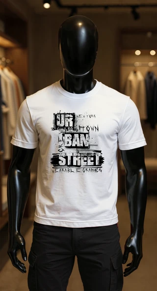 Erkek Beyaz Relaxed Fit %100 Pamuk Tişört – Urban Graffiti Tipografi Büyük Ön Baskılı ürün görseli 1