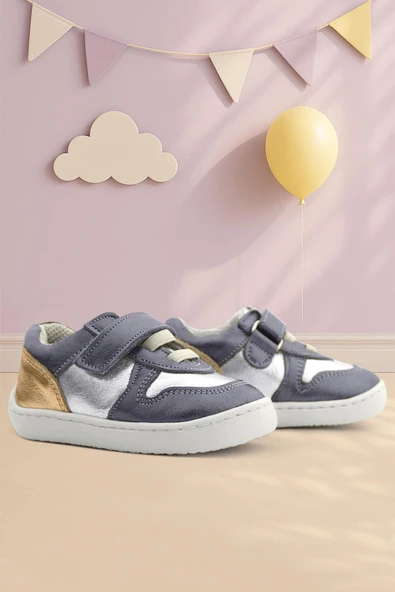 Rakerplus Bob Hakiki Deri Platin Gümüş Barefoot Cırtlı Lastikli Bebek Sneaker Ayakkabı ürün görseli 1