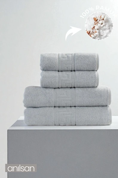 4'lü Gri Greek Havlu Set %100Pamuk - 2 Adet El Havlusu 50x90 ve 2 Adet Banyo Havlusu 70x140 ürün görseli 1