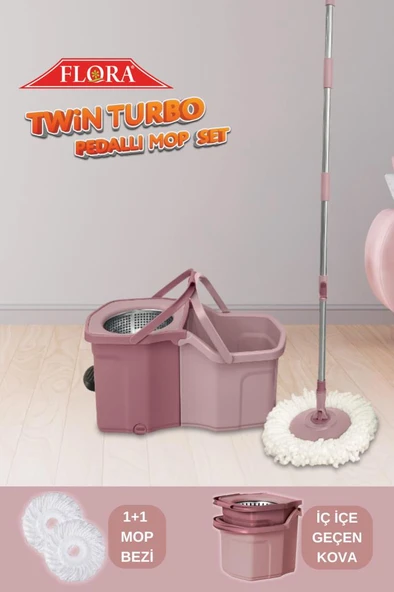 Twin Turbo Pedallı Çelik Mop Set, Temiz ve Kirli Suyu Ayıran Otomatik Temizlik Seti (1+1 Mop) Pembe ürün görseli 1
