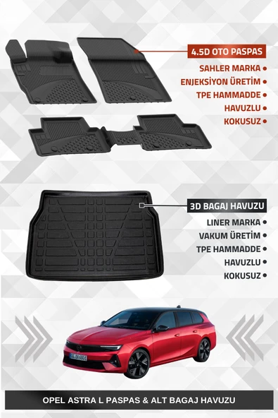 Sahler Opel Astra L 2022+ Uyumlu 4.5D Premium Havuzlu Oto Paspas ve Liner Marka 3D ALT Bagaj Havuzu ürün görseli 1