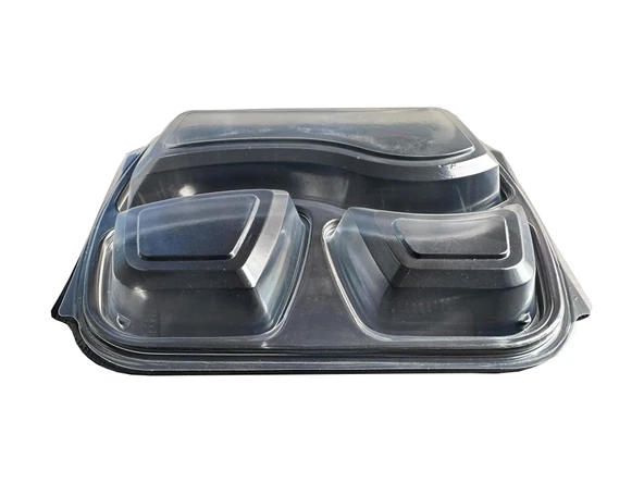 Şeffaf Kapaklı Sıcak Soğuk Isıya Dayanıklı Yemek Salata Kabı - 3 Bölmeli - 21x25 Cm. - 30 Adet ürün görseli 1