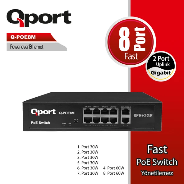 QPORT Q-POE8M 8 PORT 10/100 + 2 PORT 10/100/1000 UPLINK POE SWITCH ürün görseli 1