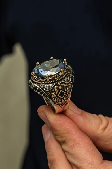 Oval Mistik Topaz Taşlı 925 Erkek Gümüş Yüzük ürün görseli 1