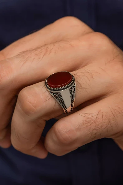 Oval Akik Taşlı  925 Gümüş Erkek Yüzük ürün görseli 1