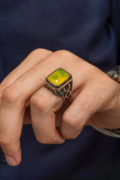 Sarı  Paraiba Taşlı  925 Gümüş Erkek Yüzük ürün görseli 1