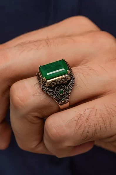 Yeşil Paraiba Taşlı Kare 925 Gümüş Erkek Yüzük ürün görseli 1