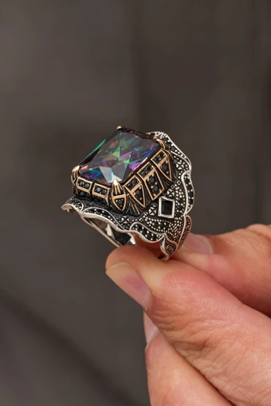 Mistik Topaz Taşlı 925 Erkek Gümüş Yüzük ürün görseli 1
