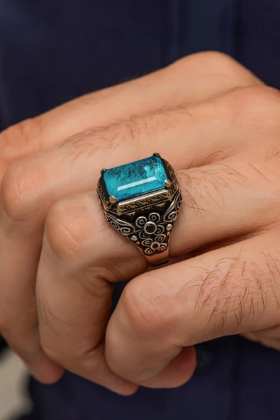 Mavi  Paraiba Taşlı Kare 925 Gümüş Erkek Yüzük ürün görseli 1