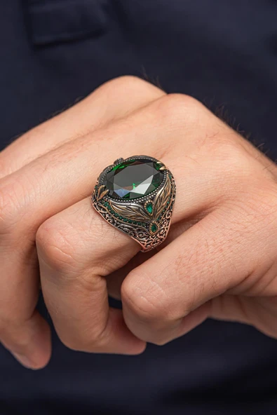 Oval Yeşil Taşlı Yaprak Desen 925 Erkek Gümüş Yüzük ürün görseli 1