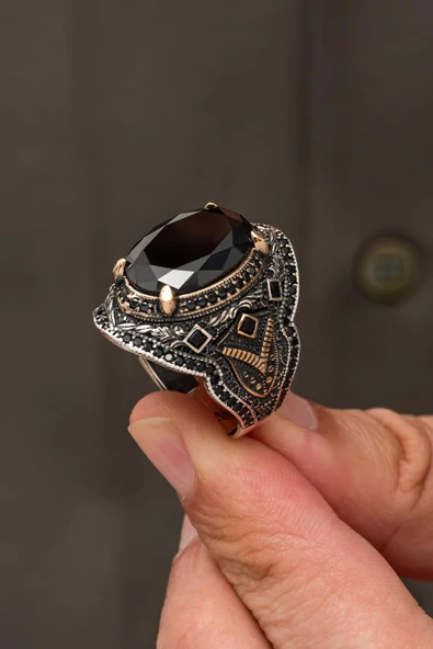 Siyah Zirkon Taşlı Oval 925 Erkek Gümüş Yüzük ürün görseli 1
