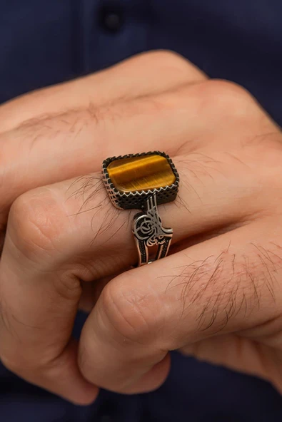 Tuğra Motifli Kaplan Gözü Taşlı 925 Gümüş Erkek Yüzük ürün görseli 1