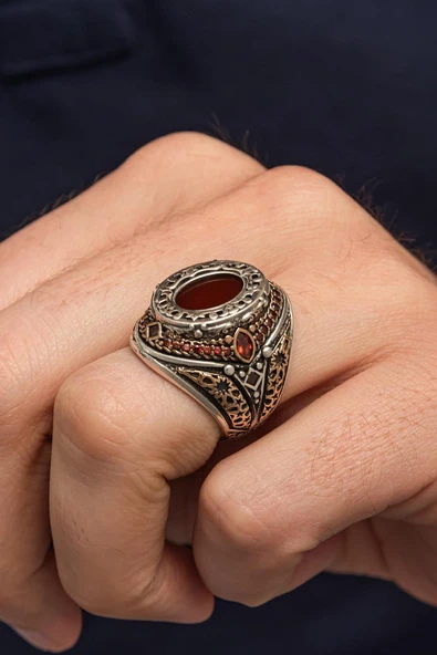 Oval Akik Taşlı 925 Erkek Gümüş Yüzük ürün görseli 1