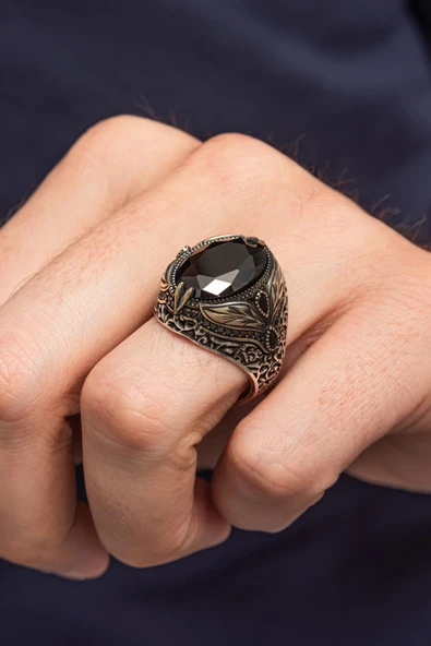 Oval Siyah Taşlı Yaprak Desen 925 Erkek Gümüş Yüzük ürün görseli 1