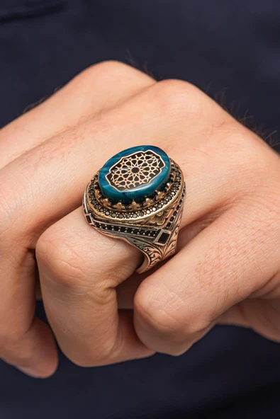 Oval Mavi Sıkma Kehribar Taşlı 925 Erkek Gümüş Yüzük ürün görseli 1