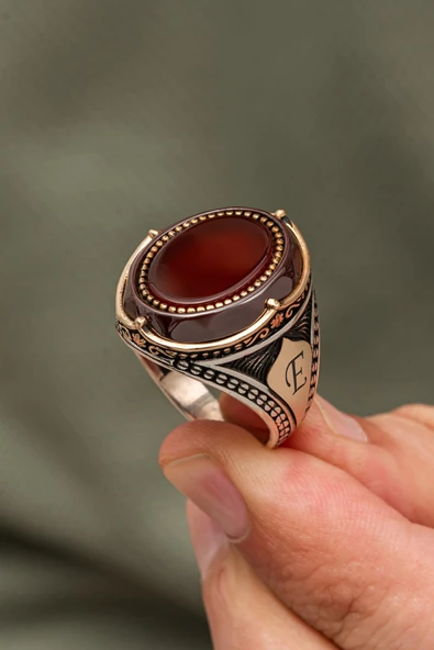 Oval Akik Taşlı Harfli 925 Erkek Gümüş Yüzük ürün görseli 1