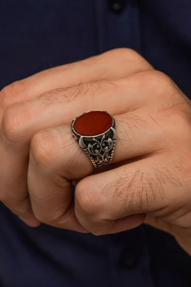 Oval Akik Taşlı  925 Gümüş Erkek Yüzük ürün görseli 1