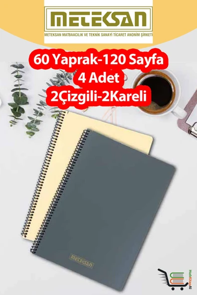 Meteksan 4 Adet A4 Ebat 60 Yaprak(120 Sayfa) Spiralli Plastik Kapaklı Okul Defteri-Meteksan ürün görseli 1