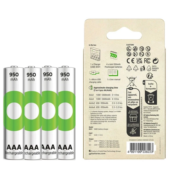 Gp Recyko B441 4x 950 mAh AAA İnce Kalem Pilli Şarj Cihazı ürün görseli 1