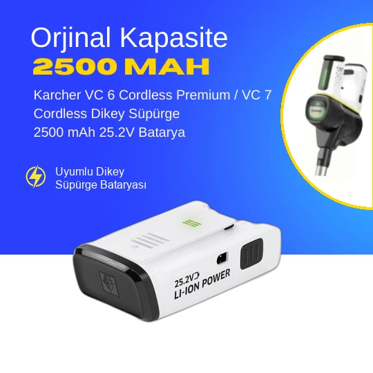 Karcher VC 6 Cordless Premium / VC 7 Cordless Dikey Süpürge 2500 mAh 25.2V  Batarya – Orjinal Uyumlu Uzun Ömürlü, Yüksek Performans Pil ürün görseli 1