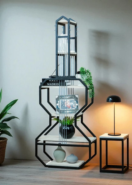 DEKORATİF SİYAH METAL KİTAPLIK BEYAZ AHŞAP RAFLI GİTAR ÜNİTE ÇOK AMAÇLI SALON OFİS DÜZENLEYİCİ ürün görseli 1