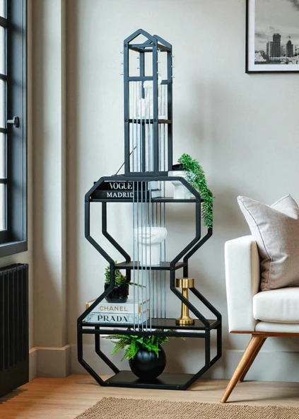 DEKORATİF SİYAH METAL KİTAPLIK SİYAH AHŞAP RAFLI GİTAR ÜNİTE ÇOK AMAÇLI SALON OFİS DÜZENLEYİCİ ürün görseli 1