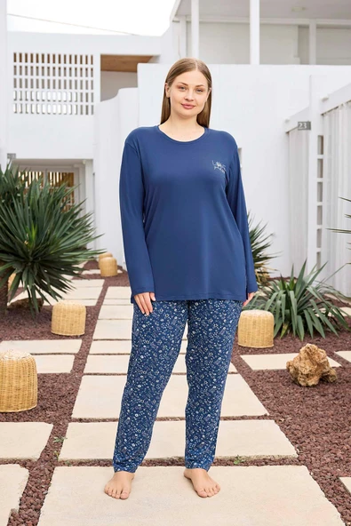 Aydoğan Kadın inci Büyük Beden İndigo Mavi Pijama Takımı 0494 ürün görseli 1