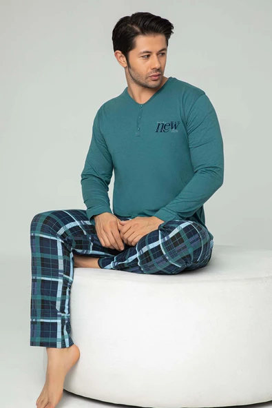 Aydoğan Erkek Tuna Koton Patlı Düğmeli Çam Yeşili Pijama Takımı 0450 ürün görseli 1