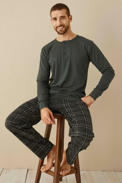 Aydoğan Erkek Civan Patlı Modal Koyu Haki Pijama Takımı 3341 ürün görseli 1