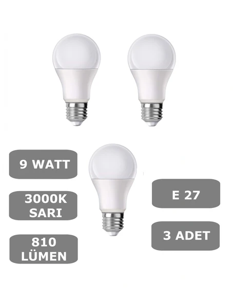 9W E27 Led Ampul 3000K Sıcak Sarı Işık (3 Adet) ürün görseli 1