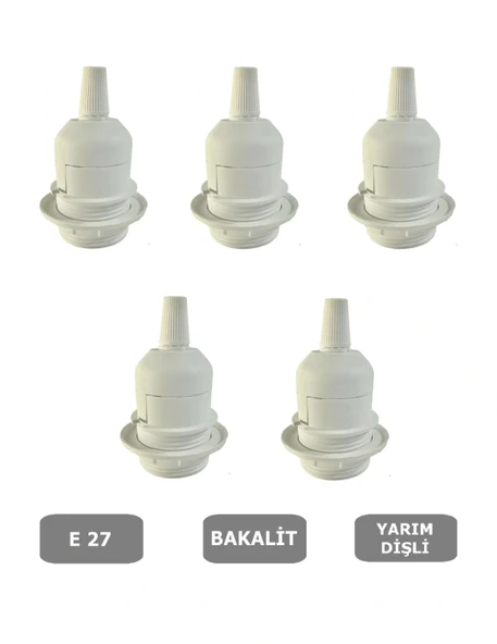 E27 Duy Geçmeli Yarım Diş Avize, Abajur, Lambader Duyu Halkalı - Bakalit Beyaz (250V-4A) 5 Adet ürün görseli 1