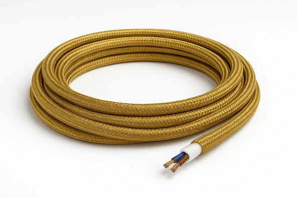 Dekoratif Kumaş Örgü Aydınlatma Elektrik Kablosu (2x0,50 TTR) (Simli Gold) 1 Metre - Resim 3