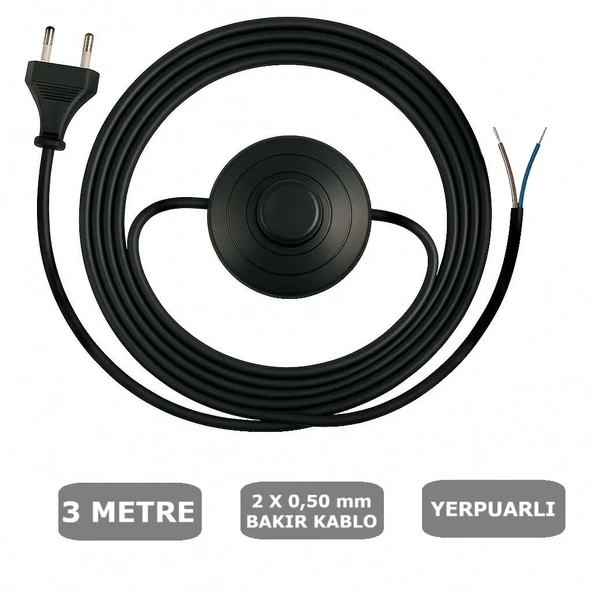 Fişli Yerpuarlı Kablo (Yassı)- Anahtarlı (2X0,50) Siyah - 3 Metre ürün görseli 1