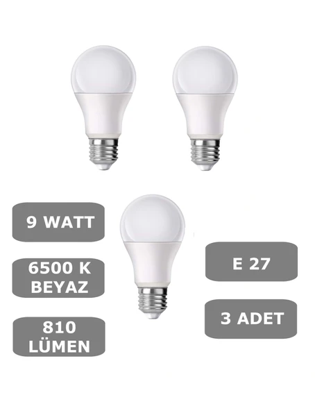 9W E27 Led Ampul 6500K Beyaz Işık (810 Lümen) (3 Adet) ürün görseli 1
