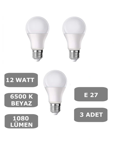 12W E27 Led Ampul 6500K Beyaz Işık (1080 Lümen) (3 Adet) ürün görseli 1