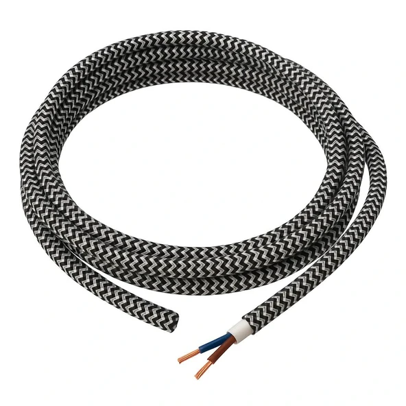 Dekoratif Kumaş Örgü Aydınlatma Elektrik Kablosu (2x0,50 TTR) (Siyah Beyaz Zigzag) 1 Metre ürün görseli 1