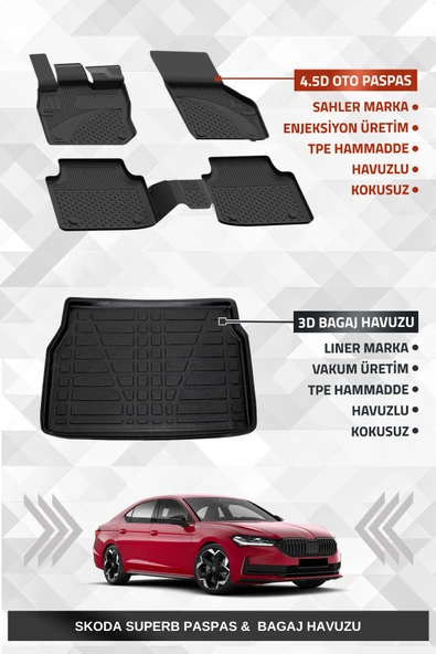 Sahler Skoda Superb 2024+ Uyumlu 4.5D Premium Havuzlu Oto Paspas ve Liner Marka 3D Bagaj Havuzu ürün görseli 1