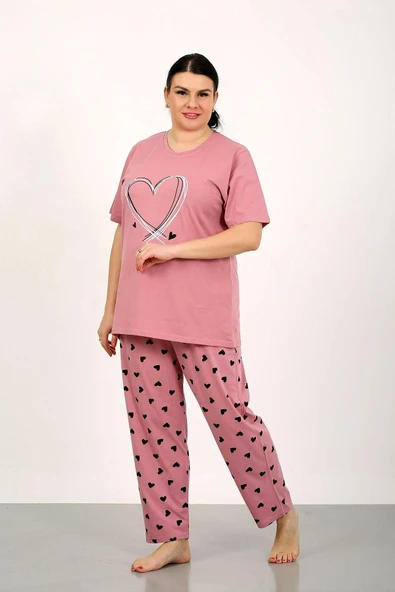 %100 Pamuk Büyük Beden Kısa Kol Kadın Pijama Takımı ürün görseli 1