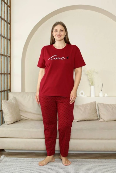 %100 Pamuk Büyük Beden Kısa Kol Kadın Pijama Takımı ürün görseli 1