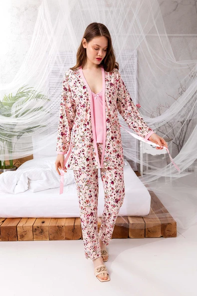 Çeyizlik Zen Pijama Seti - Exclusive 3 Parça İpeksi Sabahlıklı ürün görseli 1