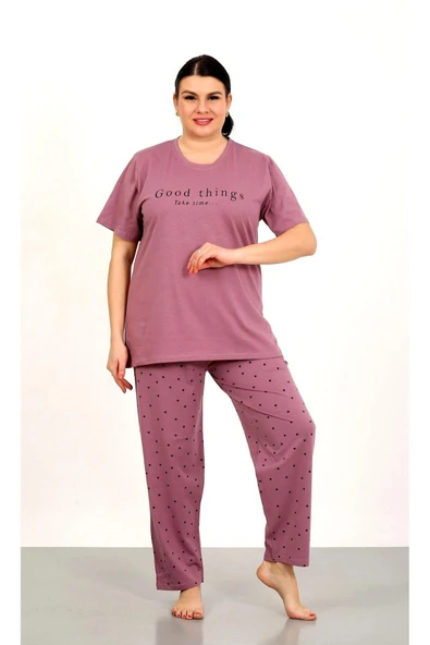 %100 Pamuk Büyük Beden Kısa Kol Kadın Pijama Takımı ürün görseli 1