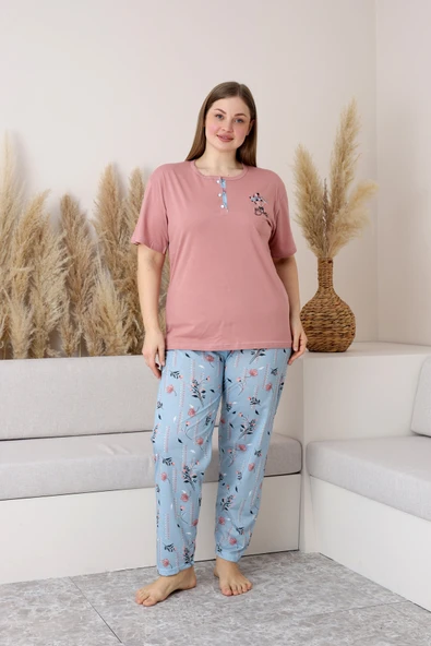 %100 Pamuk Büyük Beden Kısa Kol Kadın Pijama Takımı ürün görseli 1