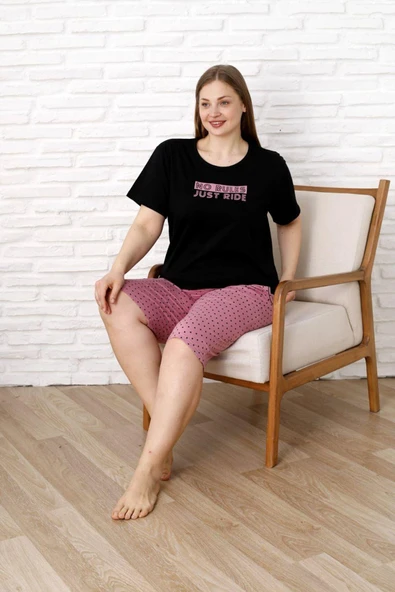 %100 Pamuk Büyük Beden Kısa Kol Kapri Kadın Pijama Takımı ürün görseli 1