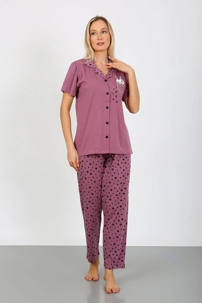 %100 Pamuk Düğmeli Kadın Pijama Takımı ürün görseli 1