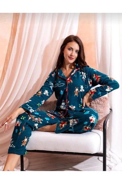 Kışlık Yılbaşı Desenli Kadın Gömlek Polar Pijama Takımı- Geyikli Yılbaşı Pijaması ürün görseli 1