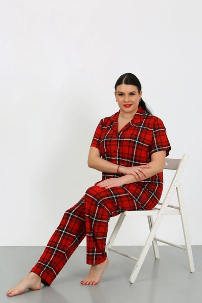 Büyük Beden Kısa Kollu Milan Gömlek Pijama Takımı- Genç Anne Serisi ürün görseli 1
